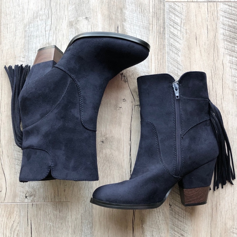 French Blu Suede Fringe Wood Boots